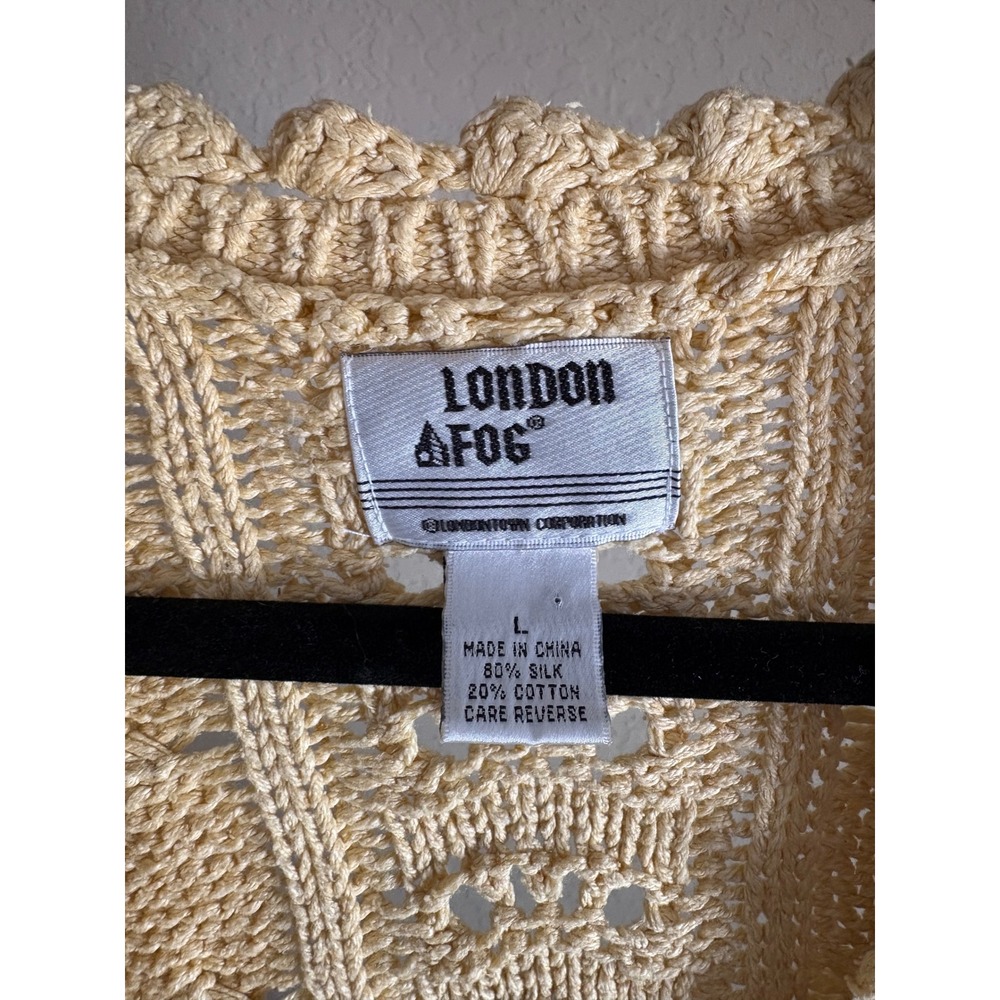 London Fog VTG Women's Silk Cotton Cable Knit Cardigan Butter Yellow L Grandpa - Picture 2 of 5